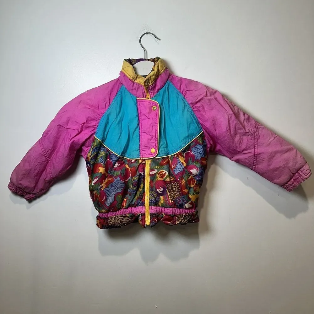 Vintage Kids Puffer Jacket Pink Teal Colorblock Retro 80s 90s Bomber Coat